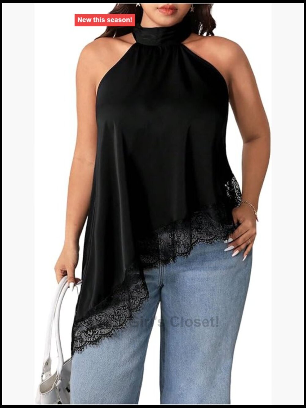 Women's Plus Size Satin Halter Neck Tank Top Lace Trim Swing Blouse